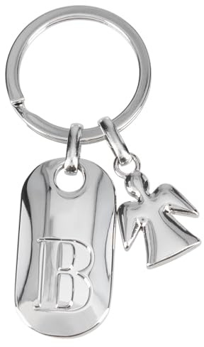 Depesche 11800-003 Silberner Schlüsselanhänger mit Buchstabe B und Schutzengel, Zinklegierung, inkl. farbigem Samtbeutel