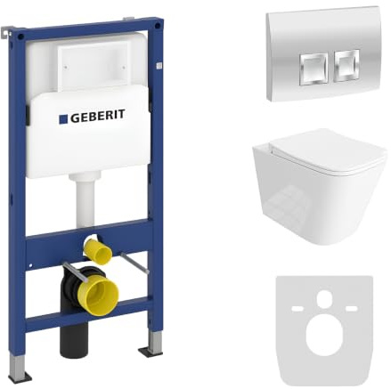 Lavita Duofix Basic Vorwandelement + Wand Tiefspül WC Maio Weiß Spülrandlos + WC Sitz + Bedienplatte Delta 25 Verchromt Knopf Komplettset Unterputz Spülkasten Toilette Komplett Sett WC