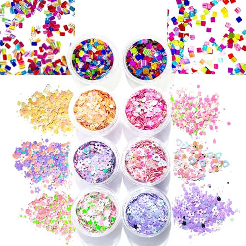Multi-Color Nail Glitter Spring Flower Sequins Square Rectangle Smooth Laser Sequins Chunky Nails Glitter Flakes & Powder for Nail Art Decoration/Face/Body/DIY Crafting