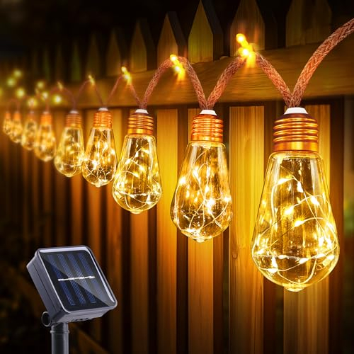 BrizLabs Solar Lichterkette Aussen mit 16 Glühbirnen, 8.2M LED Solar Lichterketten Garten Solarlichterkette Außen Wetterfest 8 Modi Vintage Hanfseil Deko für Balkon Camp Hof Hochzeit Party, Warmweiß