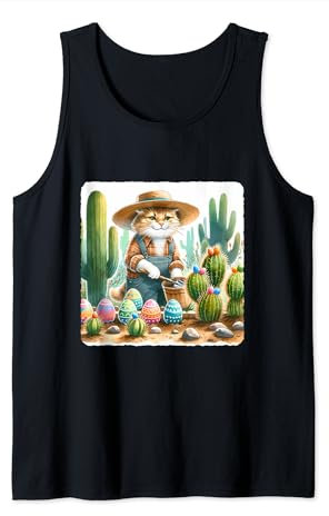 Chat jardinier avec chapeau de paille tendant aux œufs cactus Pâques Débardeur