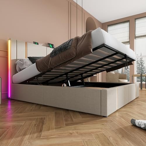 Dolamaní Polsterbett Bett 180x200 cm mit Lattenrost Beige, Doppelbett mit Stauraum, Schlafzimmer Boxspringbett, Lattenrost aus Holz, Kopfteil im Liniendesign