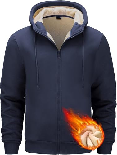 Tansozer Uomo Sherpa Foderato in Pile Giacca Calda con Cappuccio Felpe Termiche con Tasche (Blu Marino, L)