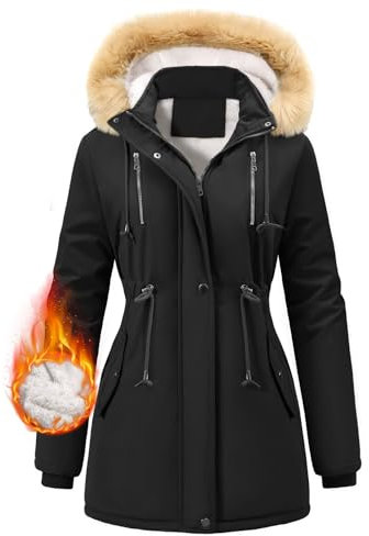 FemiChic Cappotto Donna Invernale Giubbotto Parka in Pelliccia Caldo Giacca con Cappuccio Giacche Casual Cappotti Invernali Foderato in Pile Inverno Outdoor(Nero,XXL)