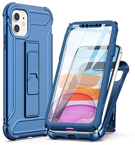 ORETECH for iPhone 11 Case, and [2 Pack Tempered Glass Screen Protector] [Built-in Kickstand] Military Grade Drop Tested Shockproof Case for iPhone 11 Full Body Silicone TPU Bumper Cover - Navy Blue