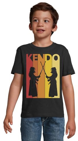 Retro Poster Style Kendo Martial Arts Graphic Crew Neck Kid's T-Shirt Black, Schwarz , M