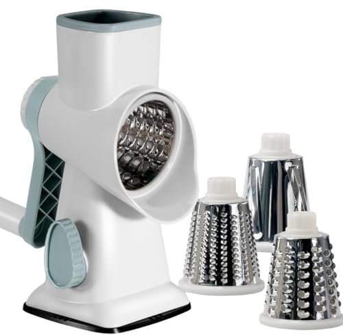 LacusMare Rotary Cheese Grater with 3 Blades for Slicing, Coarse Grating & Fine Shredding, Graters for Kitchen with Stable Suction Base, Vegetable Slicer for Cucumber, Carrot, Potato, Nuts (White)