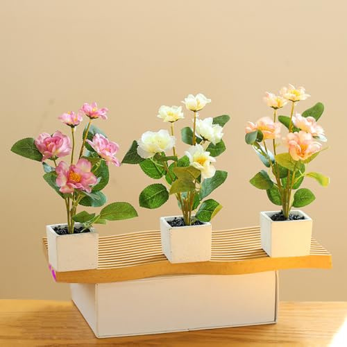 Vllcsla 3 Stück Kunstblumen in Töpfen 24cm hoch, künstlicher Rosenbusch 5 Blumen zur Dekoration, Phalaenopsis Bonsai 3 Stück Weiß, Rosa und Hellrosa, UV-beständig