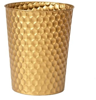 Small Gold Metal Waste Paper Bin, Decorative Honeycomb Garbage Can Waste Basket, Modern Farmhouse Round Trash Can for Bathroom, Bedroom, Kitchen and Office