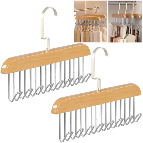 2 Pieces Wooden Belt Hanger with 8 Hooks - 28 x 18 x 3cm Anti-Slip Storage Organizer for Ties, Scarves, Bra, Camisoles, Handbags