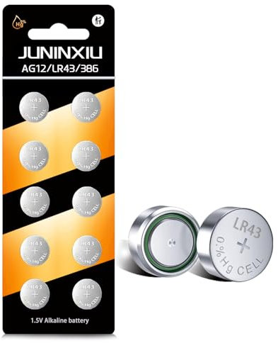 JUNINXIU AG12, batteria L1142, LR43, SR43, D386, D301, 186, SR43, 1,5 V, batteria alcalina, durata di 5 anni, (10 conti)