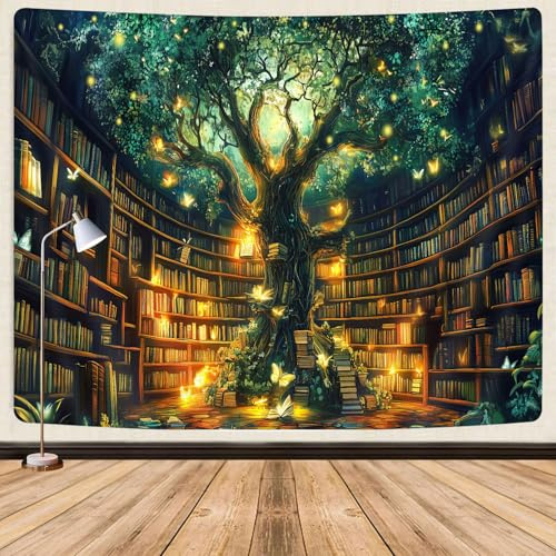GOAOK Fantasy Library Wandteppich, Märchenbaum, magisches Bücherregal, ästhetischer Wandteppich für Klassenzimmer, 101,6 x 76,2 cm