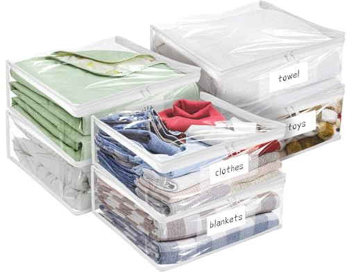 Plastic Storage Bags with Easy-Glide Zipper, Pack of 6, Durable Clear Vinyl Zippered Storage Bags for Clothes Sweaters Comforters Blankets Sheets Bedding (15.7 x 13.8 x 3.9 Inch, White)