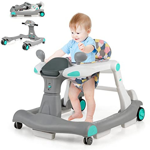 GOPLUS 2 in 1 Faltbarer Lauflernhilfe, Höhenverstellbare Lauflernwagen mit Licht, Musik & Einstellbarer Geschwindigkeit, Babywalker mit Geräuschlose Räder für Kinder 6-18 Monate (Grau)