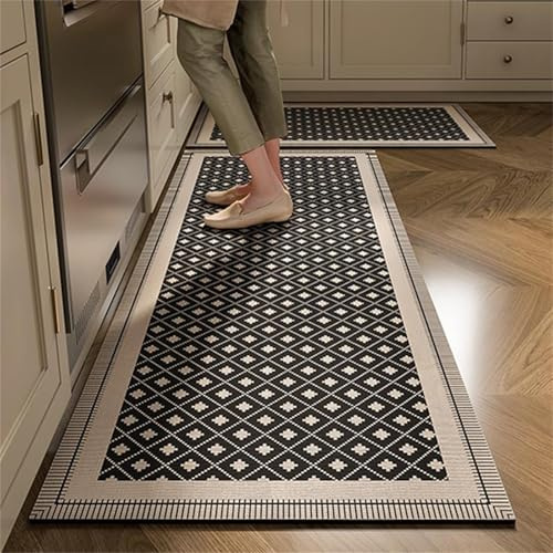 Highdi Schwarz-Weiß-Plaid Küchenläufer, Saugfähig Teppich, Waschbarer Küchenläufer rutschfest, für Eingangsbereich Esszimmer (Schwarz,50x160cm)