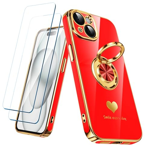 Nonional Compatible for iPhone 15 Case with 2 Pack Screen Protector, 360° Rotatable Ring Holder [Luxury Hearts Pattern] Plating Gold Edge Slim Soft Phone Cover Case for iPhone 15 - Red