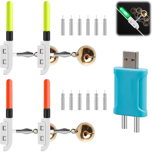 4pcs Angeln Alarm Glocke, Bissanzeiger Angeln Mit 1 Ladegerät Und 8 Akku, Nachtlicht Knicklicht Angeln, Nachtfischen Knicklichter, Nachtangeln Biss Alarm für Nachtangeln Meeresangeln Angeln Geschenk