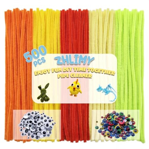 ZHLIMY 500 Stück Pfeifenreiniger Gelb, Pfeifenputzer Gelb mit 200 Wackelaugen Selbstklebend, Chenilledraht für Kreative DIY-Projekte, 5 Farben Pipe Cleaner Yellow Lang 30 cm X 6 mm