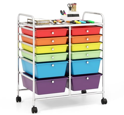 GiantexUK 4/6/12 Drawers Storage Trolley, Multipurpose Utility Rolling Cart on Wheels, Plastic Shelving Organizer Unit for Home Office Hairdressing Salon (Rainbow, 12 Drawers)