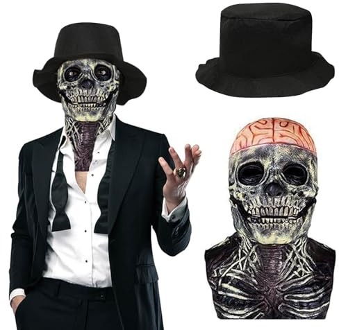 Funnity Halloween Totenkopf Maske, Gehirnblumen Totenkopfmaske mit Hut, Realistische Grusel-Design, Einheitsgröße für Erwachsene, Perfekt für Party, Cosplay & Festivals
