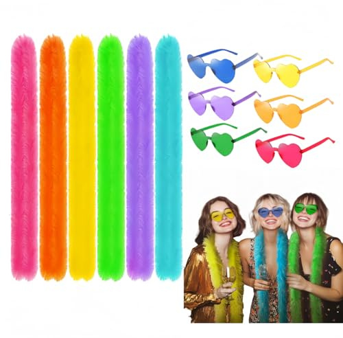 qixiang Feather Boa Multipack，6PCS Feather Boas with 6PCS Frameless Sunglasses,The Fluff Is not Easy to Fall Off, Suitable for Theme Parties, Cosplay and Halloween Costumes.