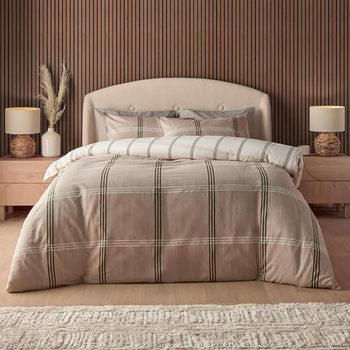 Silentnight Brushed Cotton Duvet Set - Soft Velvety Touch 100% Cotton - Cosy Feel Breathable Lightly Brushed Hypoallergenic - Button Fastening Duvet Cover + Pillowcase Bed Set, Check Natural, King