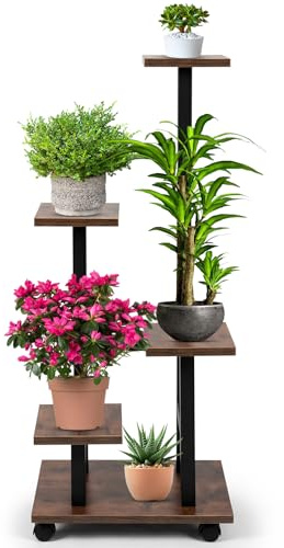 Vyranut Porta Piante a 5 Ripiani con Ruote, 85 cm di Altezza, Scaffale Quadrato in Legno e Metallo, Stabile e Salvaspazio per Soggiorno, Balcone e Giardino