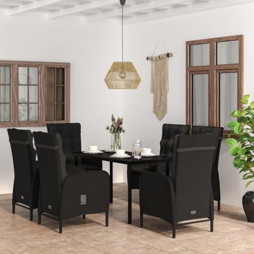 QJBSAVVA 7-TLG. Gartenmöbel-Set Schwarz PE-Rattan, Stahlrahmen, 140×70 cm Tisch, 6 Stühle, 6 Kissen, Glastisch