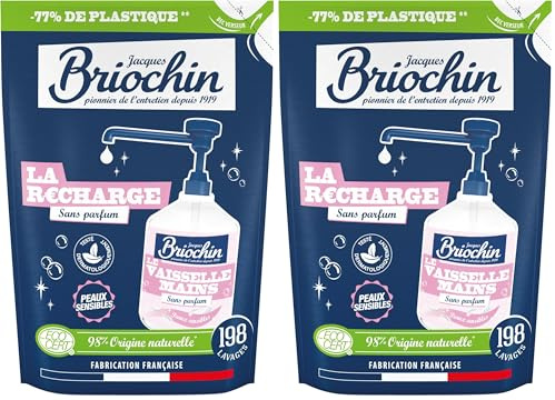 JACQUES BRIOCHIN - Recharge Liquide Vaisselle et Mains -Spécial Peaux Sensibles - Sans Parfum -Testé Dermatologiquement - 98% d'Ingrédients d'Origine Naturelle - Fabrication Française - 450ml