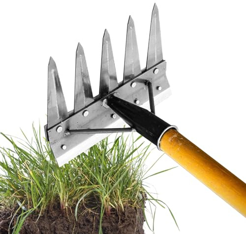 Rechen aus Metall | ergonomisch, manuell und vielseitig – Unkrautvernichter aus Kohlenstoffstahl – für Gartenarbeit im Freien und Landwirtschaft, Entkalkung von Steinen, Rasenpflege