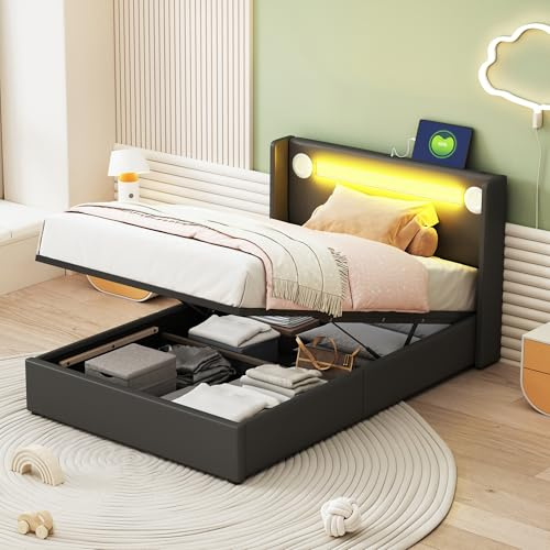 vutizal Kinderbett 90 x 200 cm mit Hydraulik-Stauraum, Musik-LED, Bluetooth, USB-Ladestation, PU-Leder, Schwarz