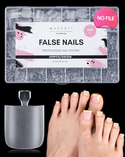 Makartt Faux Ongles Pied Gel Souple 420pcs, 15 Tailles Capsules Ongles Pied, Pré-Matifiés Sans Ponçage, Forme Carrée Transparente, Confort pour Pédicure Maison & Été