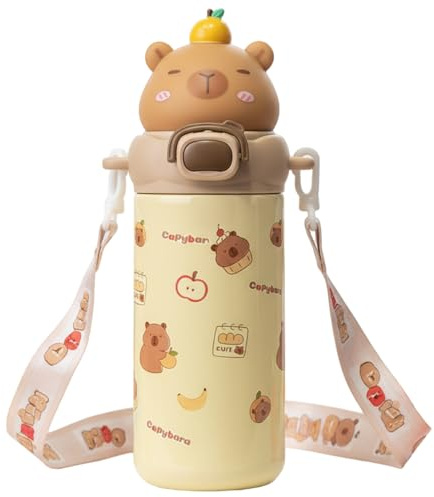 Bouteille d'eau Kawaii, bouteille d'eau Capybara, 600 ml mignonne pour les filles avec double paille et large ouverture, gobelet isotherme en acier inoxydable pour enfants avec sangle pour l'école