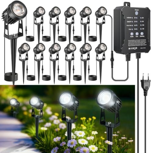 LightingWill Gartenstrahler LED Außen Wasserdicht mit Erdspieß, Gartenbeleuchtung mit Dämmerungssensor & Timer, 12er Set, 5000K-6000K Kaltweiß, IP65 Gartenspots für Garten, Weg, Terrasse, Einfahrt