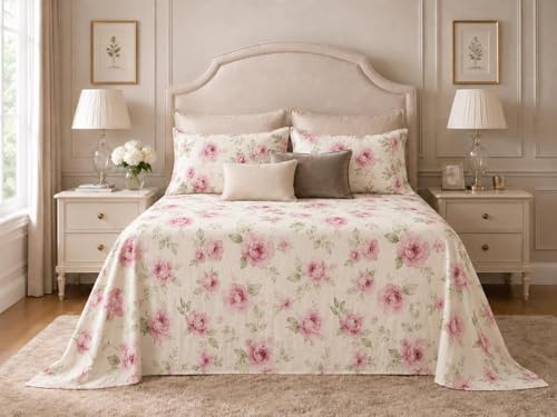 TexLom Copriletto Matrimoniale Laura Blasi in Policotone, Stampa con Peonie e Fiori - Coperta Estiva Leggera e Traspirante (Rosa)
