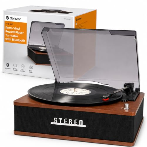Denver Bluetooth Record Player with Speakers, 3-Speed Vinyl Turntable | 3-speed record player with RCA output, 33-1/3, 45 and 78 RPM, ruby stylus, dust cover and auto-stop