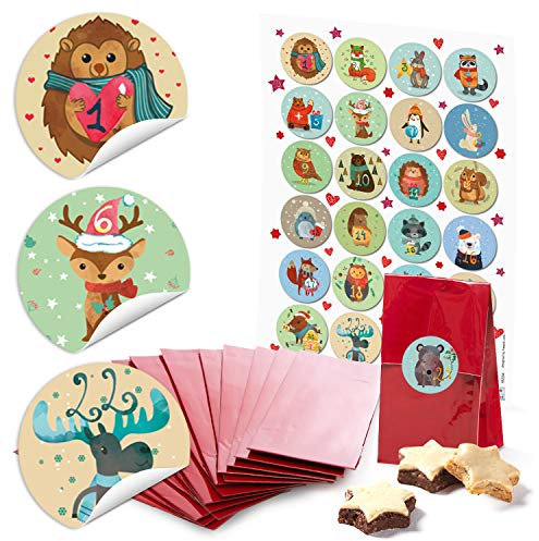 Logbuch-Verlag 24 Adventskalendertüten Tüten mit Zahlen Winter Tiere für Kinder rot bunt 7 x 4 x 20,5 cm für Kinder Lebensmittel Beutel innen beschichtet