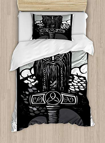 ABAKUHAUS Wikinger Bettbezug Set Einzelbett, Thor Sohn von Odin Monochrom, Kuscheligform Top Qualität 2 Teiligen Bettbezug mit 1 Kissenbezüge, Weiß Schwarz