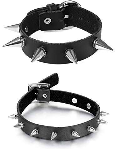 Flongo 2 Stück Choker Tattoo Kette Lederarmband Set Lederhalsband Damen Herren Halskette Gotik Halsband Schwarz Silber mit Spitz Niete Nieten Verstellbar Punk Rock Schmuckset
