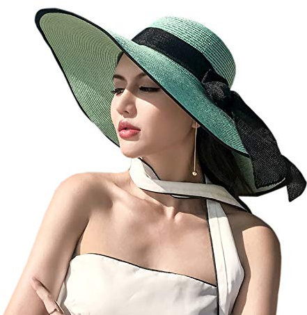 Elonglin Chapeau de Soleil en Paille à Bord Large pour Femme Capeline Pliable Décoration de Ruban pour Extérieur Plage Eté Anti-UV Respirant Vert (Bordure noire)