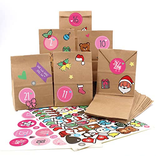 OWLBOOK® Adventskalender zum Befüllen | Adventskalender 2024 Tüten | Weihnachtskalender zum befüllen | 24 Papiertüten mit Aufkleber | Geschenktüten zu Weihnachten