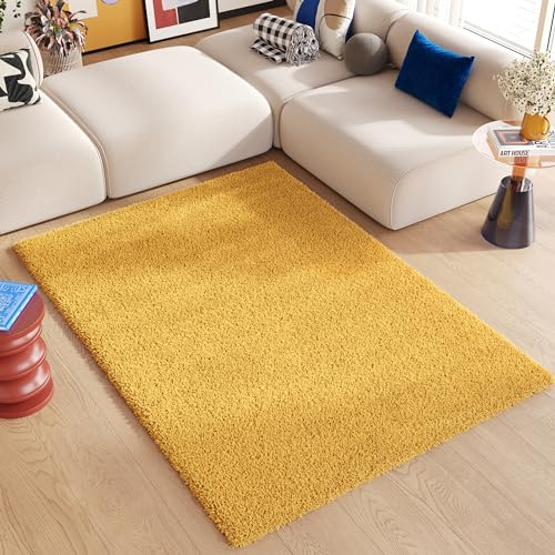 TAPISO Essence Teppich Hochflor Langflor Shaggy Gelb Senfgelb Rechteckig Super Weich Felloptik Schlafzimmer Wohnzimmer ÖKO-TEX 120 x 170 cm