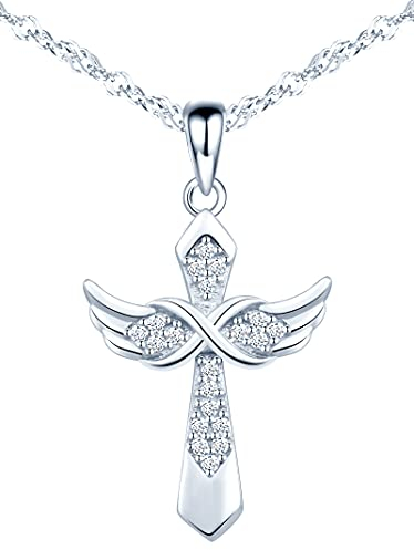 MicLee Damen 925 Sterling Silber Zirkonia Halskette Fashion Kreuz Unendlichkeit Zeichen Infinity Engelsflügel Anhänger Kette mit Geschenkbeutel Super Geschenk für Paar Pärchen Mutter Tochter