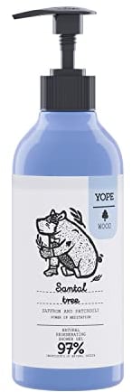 YOPE WOOD Natürliches Duschgel | Santal Tree | Safran, Patchoula, Kardamon-Extrakt | Folsäure | Panthenol | Allantoin | Feuchtigkeitsspendend | 97% Natürliche Inhaltsstoffe | 400ml