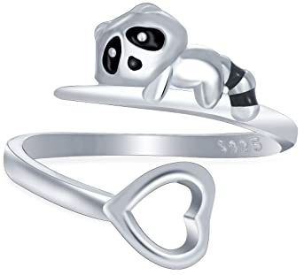 Qings Sterling Silber Tier Waschbär Ring für Mädchen Verstellbarer Damen Schwarzer Herz Offener Pandabaer Bär Tier Ring Süß Tierschmuck Panda Geschenk Weihnachten