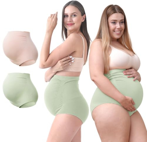 SUNNYBUY Lot de 2 sous-vêtements de maternité Taille Haute pour Femme - sans Couture - Doux - Culotte au-Dessus du Ventre - 1 Vert - 1 Peau - 48, 1 Vert, 1 Peau, 2 pièces, XXL