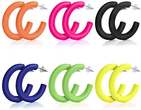 6 Paar Neon Ohrringe Damen 80er 90er Jahre Outfit Accessoires Acryl Vintage Boho Bunt Creolen Party Kostüm Zubehör Earrings Aesthetic