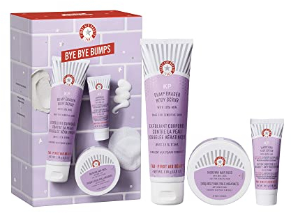 First Aid Beauty Bye Bye Bumps Kit – 3 Exfoliating Favourites – KP Bump Eraser Body Scrub with 10% AHA, 114 g, KP Smoothing Body Lotion, 28.3 g, + Ingrown Hair Pads, 28 Count