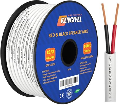 KENGIYEL 18 Gauge AWG Copper Clad Aluminum, 100 Feet in-Wall Speaker Wire OFC Copper Wire, Hi-Fi Audio Cable for Outdoor Direct Burial / CL2 Rated / 2-Conductors