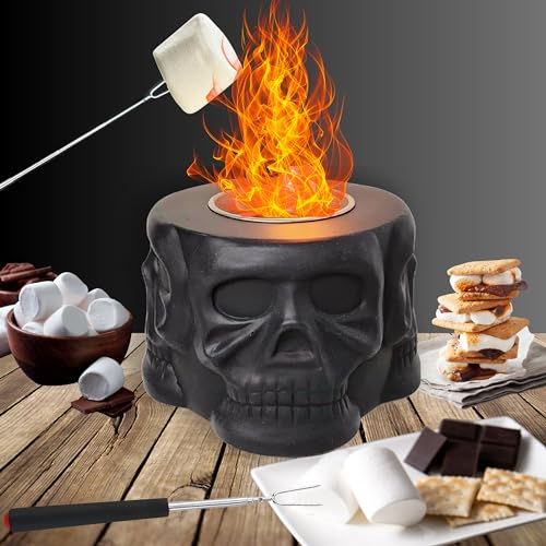 DELYGA Einzigartige Totenkopf-Feuerstelle, Tischplatte für drinnen und draußen, 4 Totenkopf-Gesichter, dekorativer Beton, Marshmallows & Grill, erweiterte Gabeln und Feuerlöscher, Black Edition